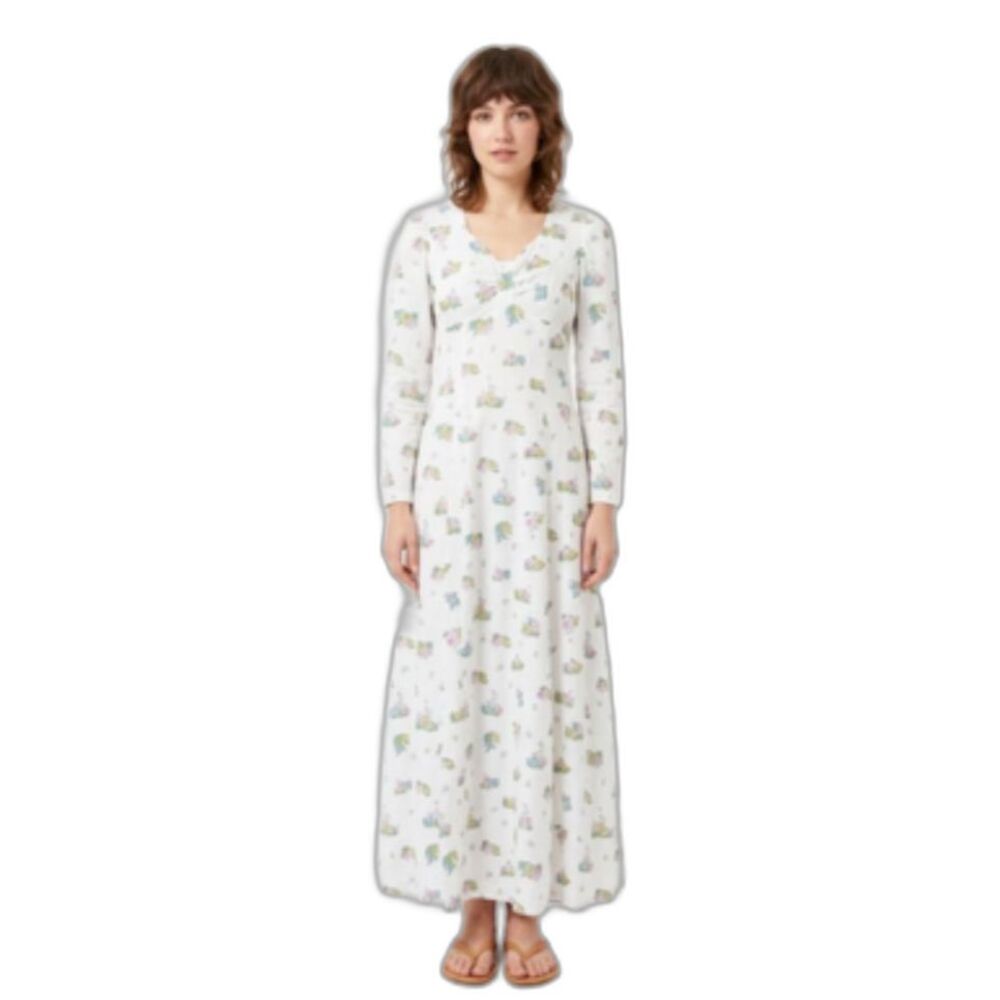 Women's White Colorful Floral Print Swiss Dot LS Vintage 70s Maxi Dress Size S